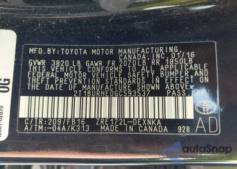 2016 Toyota Corolla Le from USA, damaged, VIN 2T1BURHE0GC593537